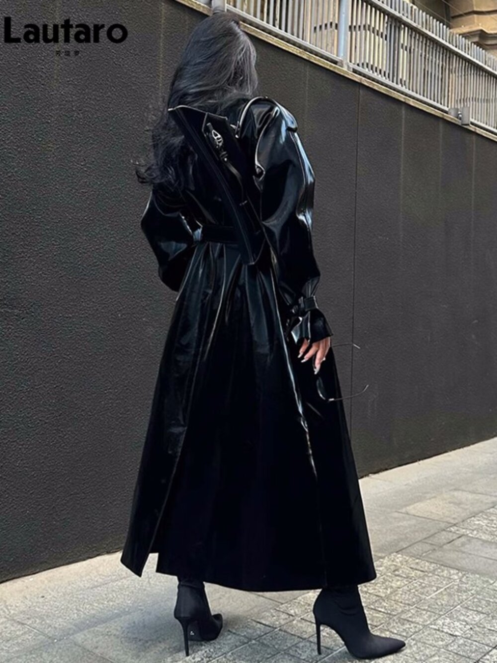 NEW!! NERAZURRI Long Shiny Patent Black Faux Leather Trench Coat Sz 2X
